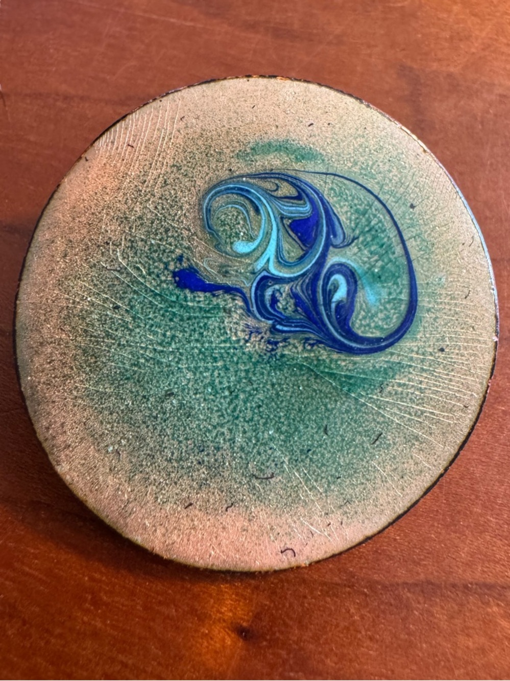 Vintage Blue & Green Swirl Art Piece Enamel on Copper Brooch, Unsigned, 2”